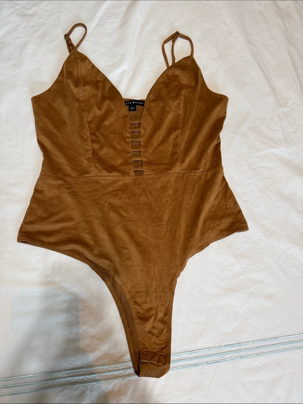 Haute Monde tan Bodysuit with Ladder Plunge large